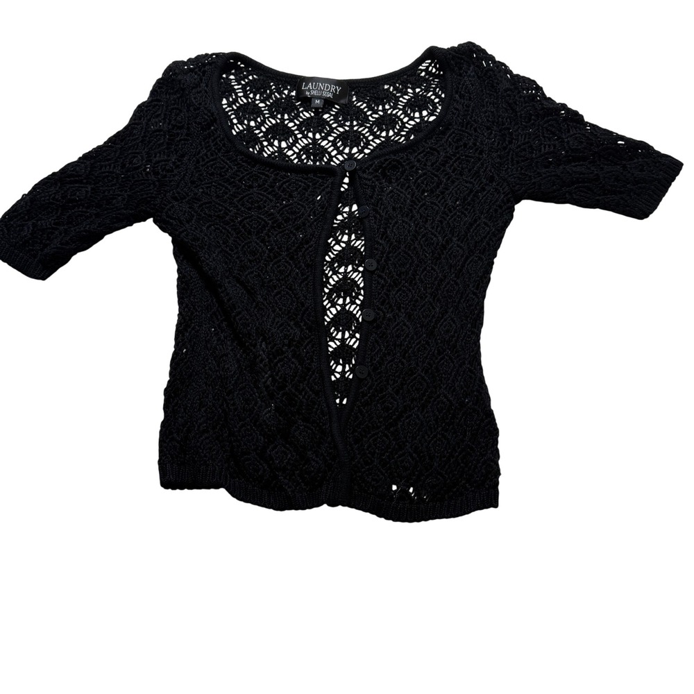 LAUNDRY by Shelli Segal WMS SZ M Boho Black Crochet Short Sleeve Cardigan VTG